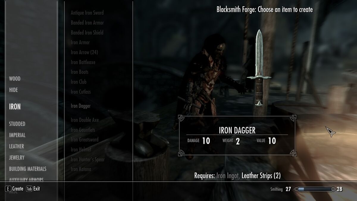 Forging iron daggers in Skyrim -- a well known grind to level the Smithing skill.