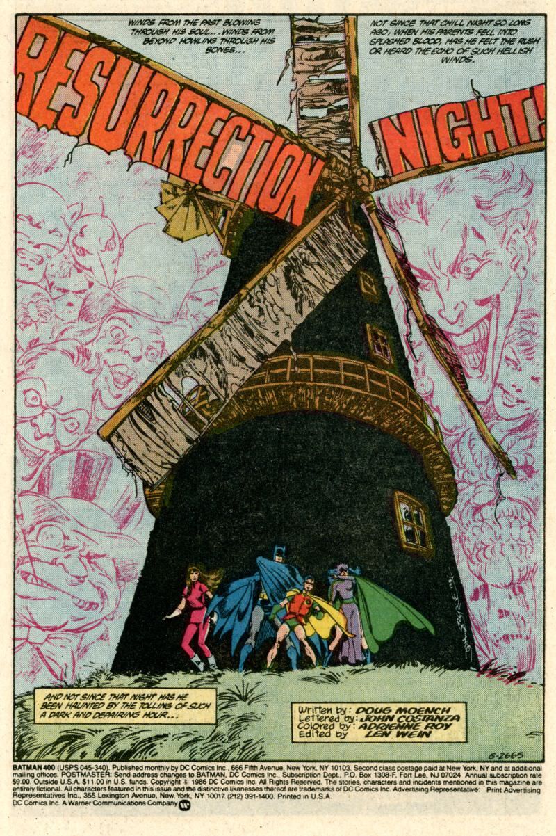 batman issue 400 opening page windmill with batman, robin and other heroes beneath