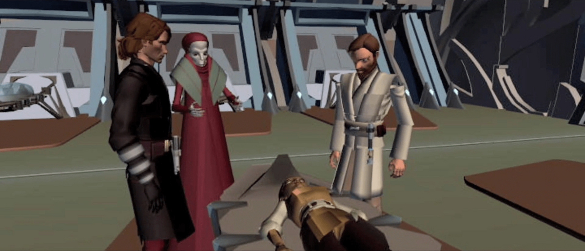 Star Wars: The Clone Wars, &quot;A Death on Utapau&quot;: Anakin Skywalker, Inspector Jen June, and Obi-Wan Kenobi inspect the body of Master Tu-Anh