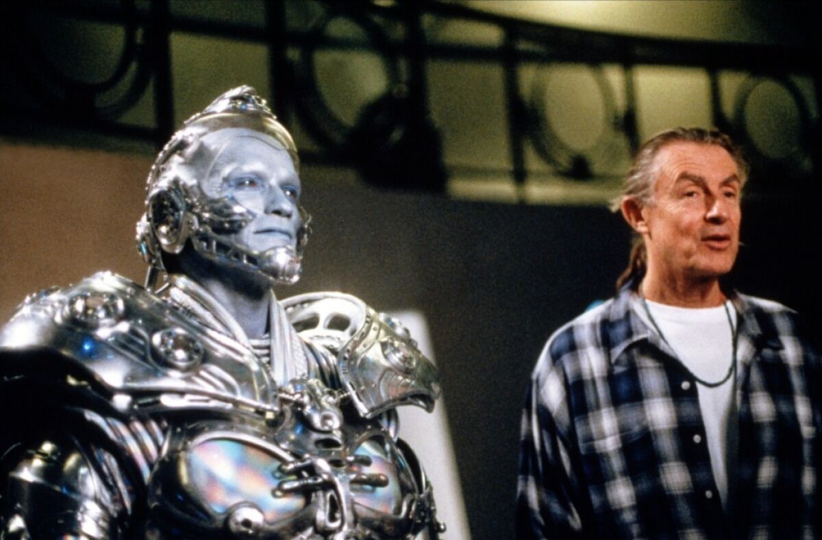 Arnold Schwarzenegger as Mr Freeze in Batman &amp; Robin, with director Joel Schumacher.