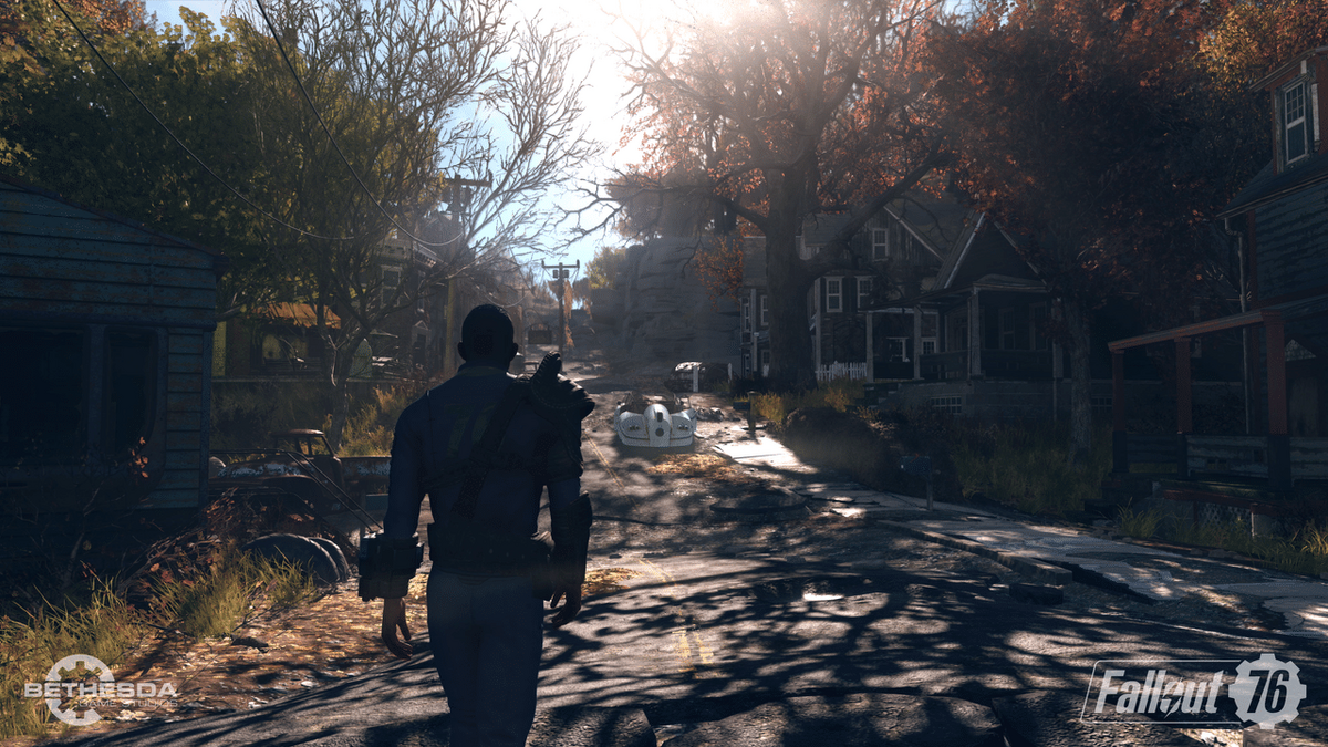 A player character walking through an empty town in post-war West Virginia.