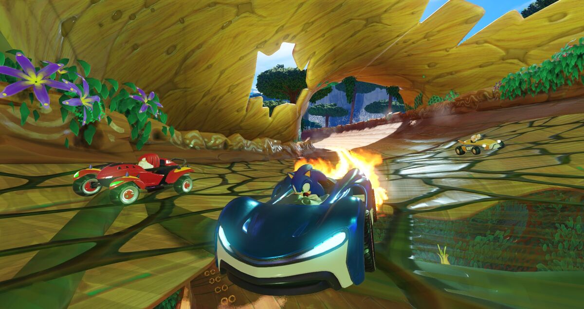 Sonic, Knuckles, and Tails kart racing.