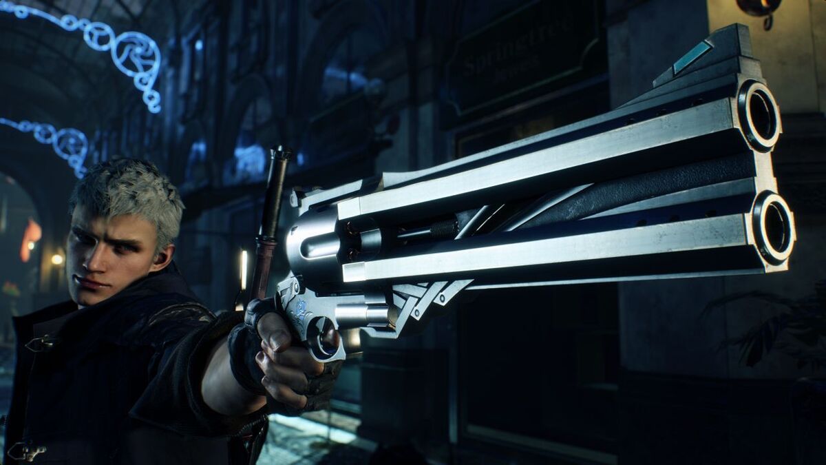 Nero from Devil May Cry 5 pointing a gun off screen
