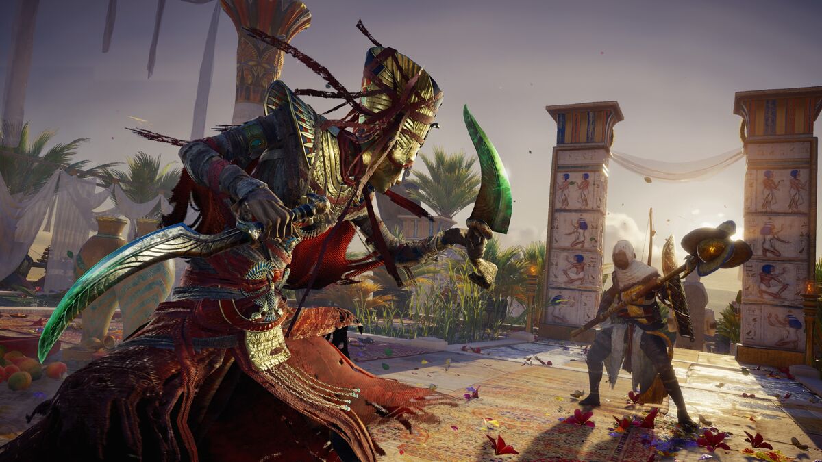 Assassin's Creed Origins' Bayek facing off with an undead Nefertiti