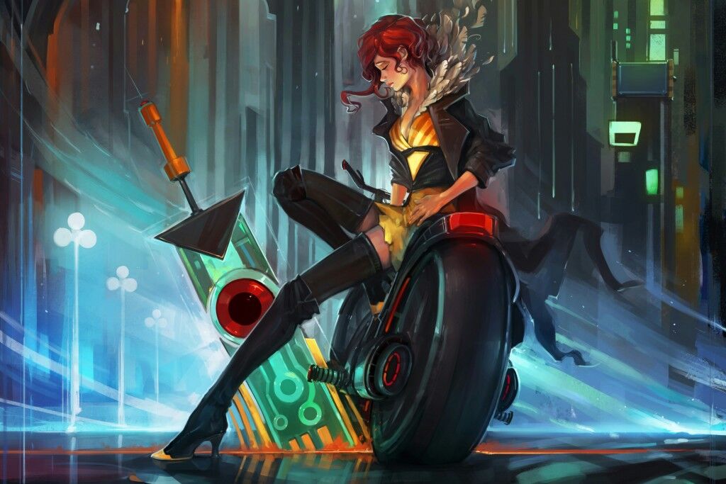 Red leaning against her motorcycle next to the Transistor.