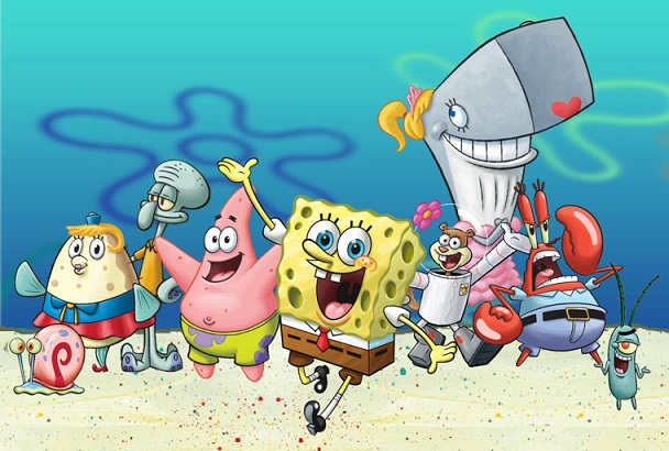 SpongeBob at the bottom of the sea side by side with his friends from the cast.