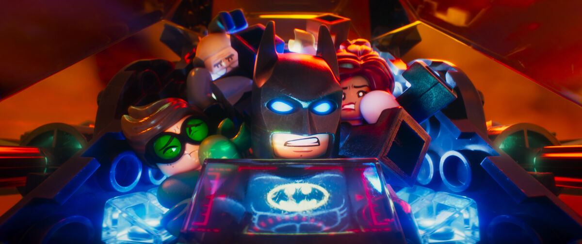 Lego Batman in Batmobile with other Lego superheroes 