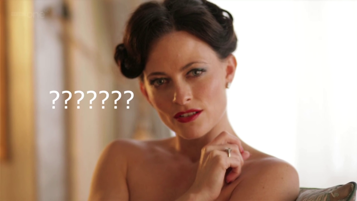 Irene Adler from Sherlock, completely naked and therefore impervious to Sherlock's deduction skills...because he's a virgin?