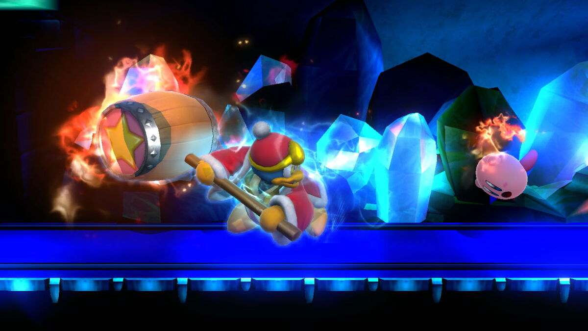 King Dedede swinging his flaming hammer at Kirby