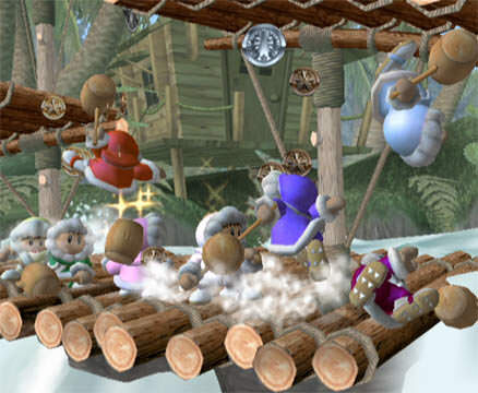 A screenshot of the Ice Climbers in Super Smash Bros. Melee.
