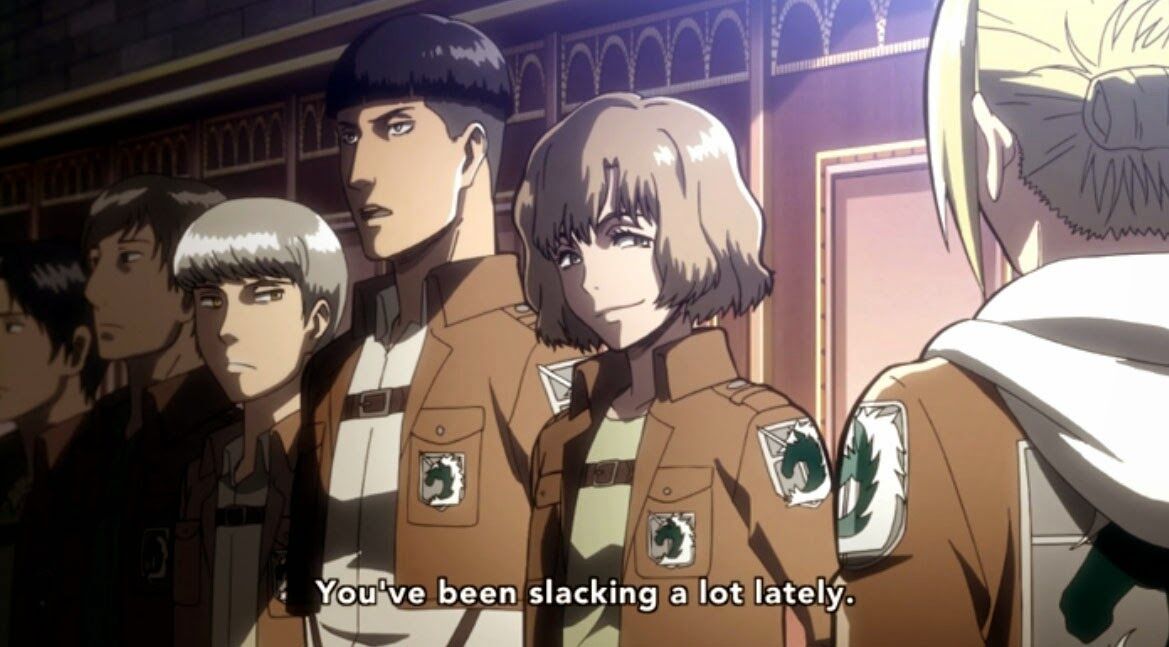 Annie talking to Military Police in Attack on Titan