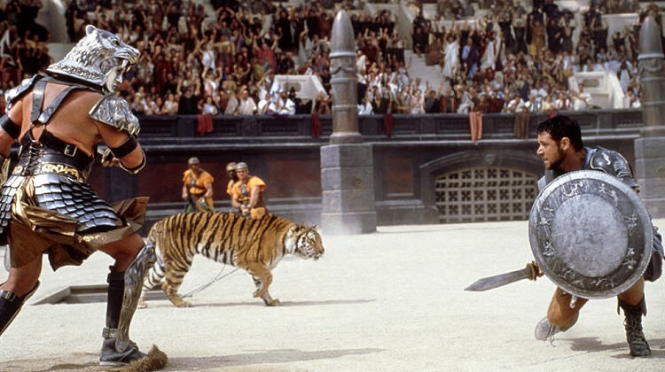 ridley scott film gladiator russell crowe squaring of against a tiger in roman colloseum