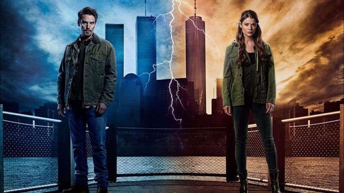 Frequency promo image of father and daughter in New York, the past showing the Twin Towers in the background and the future without