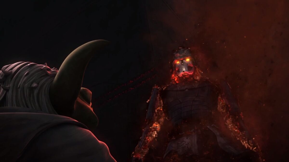 Yoda looks at the visage of Darth Bane on Moraband