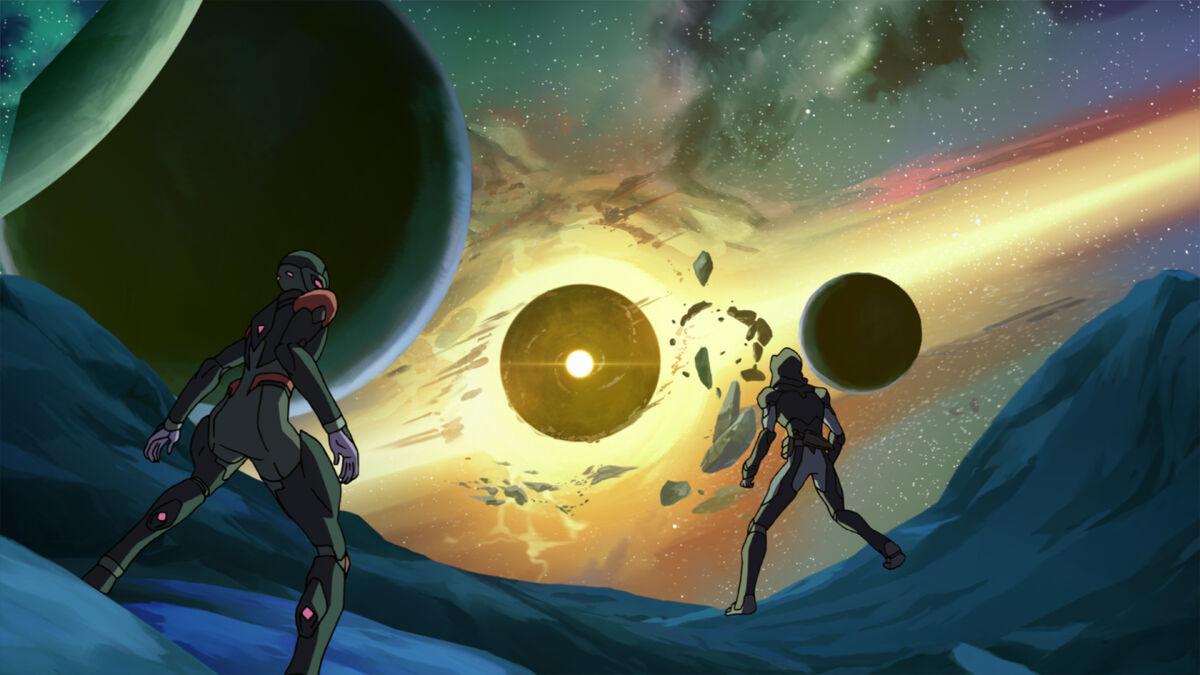 Krolia and Keith stare at some celestial phenomenon