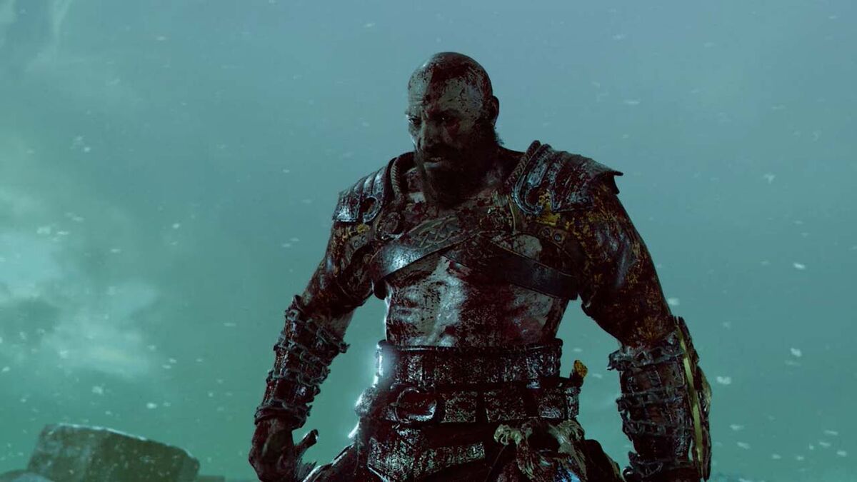 Kratos is bloody after his battle with the bridgekeeper