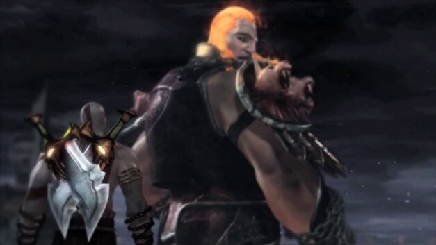 Kratos staring down a huge Ares.