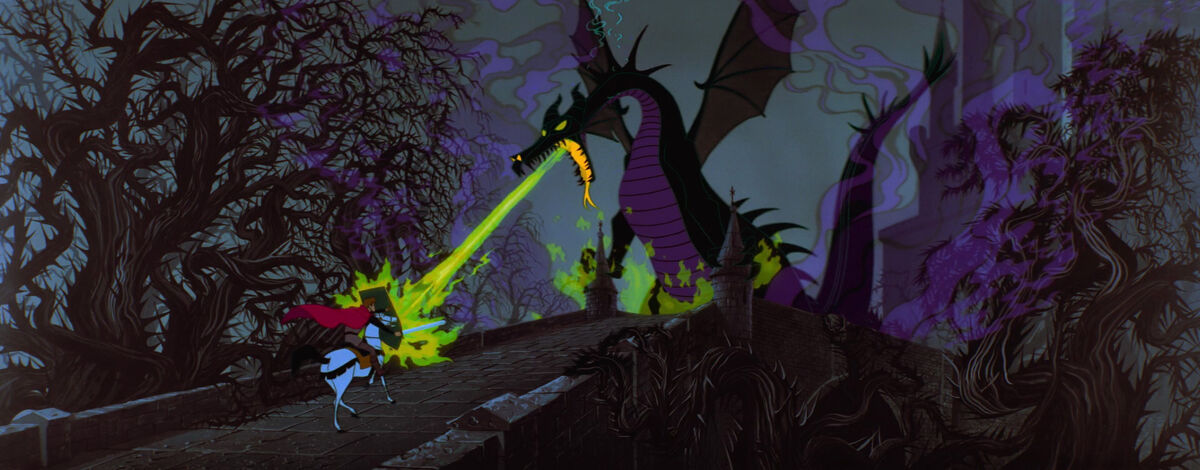 Prince Phillip blocks a column of fire shot by the vindictive Maleficent, who has taken on the form of a fearsome dragon to stop Phillip from breaking the spell of eternal sleep afflicting Princess Aurora