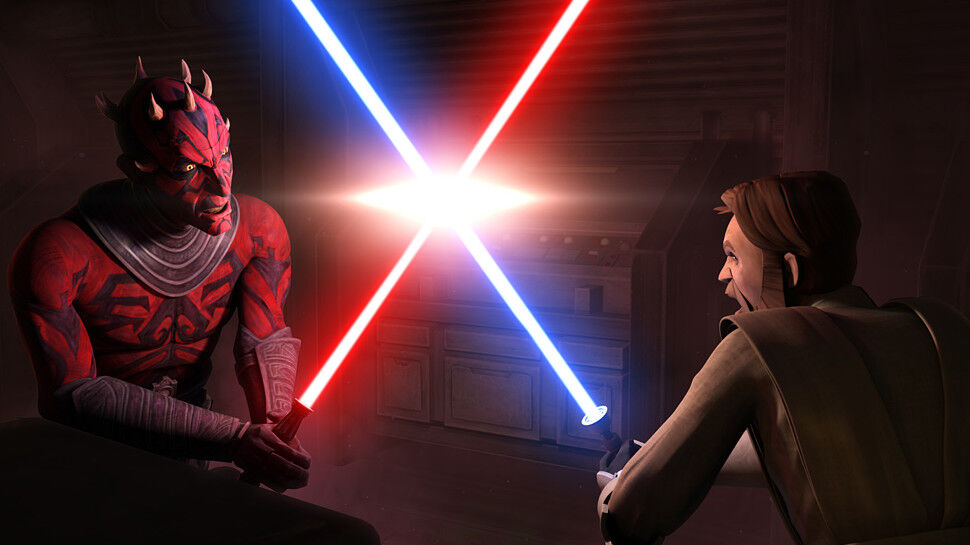 Obi-Wan Kenobi and Darth Maul engage in a duel on board a cargo ship.