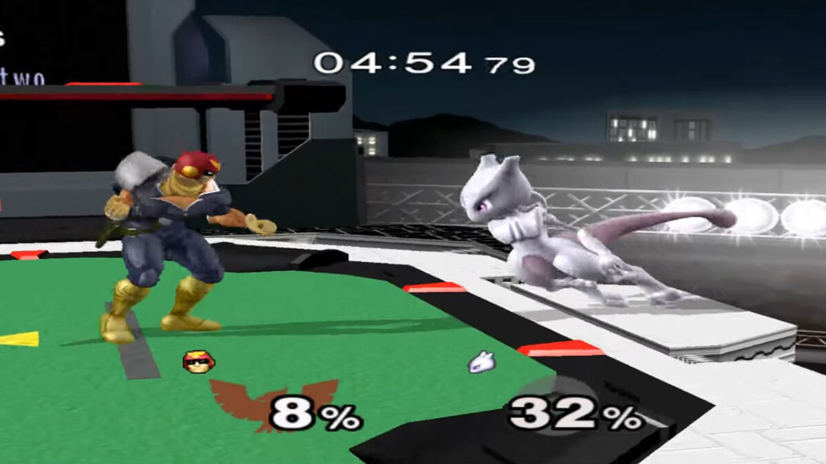 Captain Falcon battling Mewto in Pokemon Stadium in Super Smash Bros. Melee.