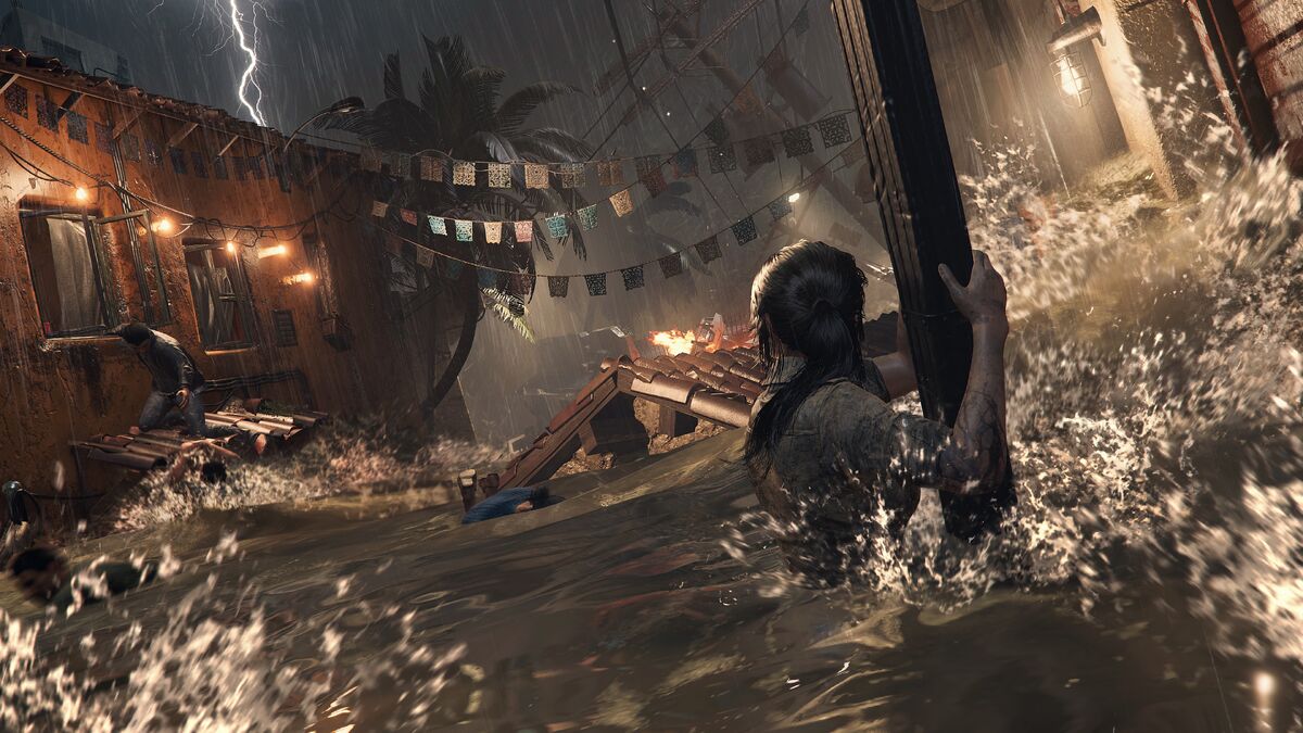 Lara getting swept away by a flood in Shadow Of The Tomb Raider