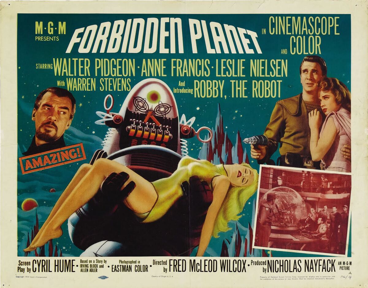 This iconic movie poster for Forbidden Planet shows an illustration of a robot holding a damsel in distress. 