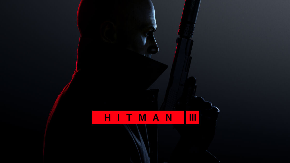 Hitman III AGent 47 Holds a gun facing his silhouette to the right