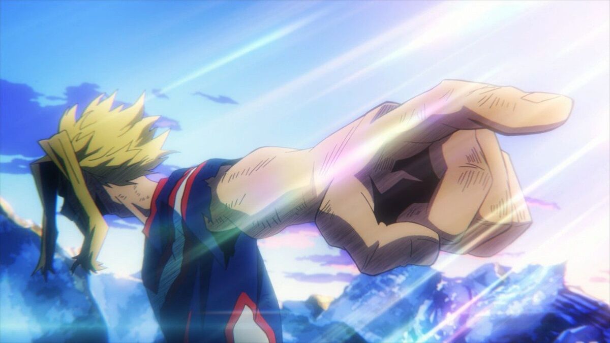 All Might pointing out Deku as his successor