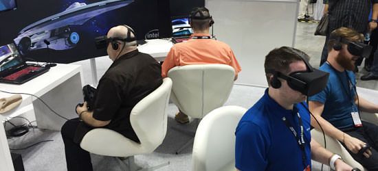 Four people with virtual-reality headsets on playing the game