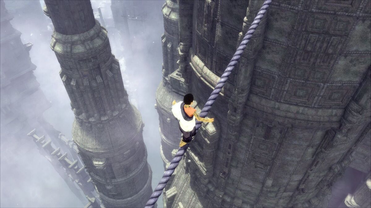 A screenshot of the boy walking a tightrope in The Last Guardian.