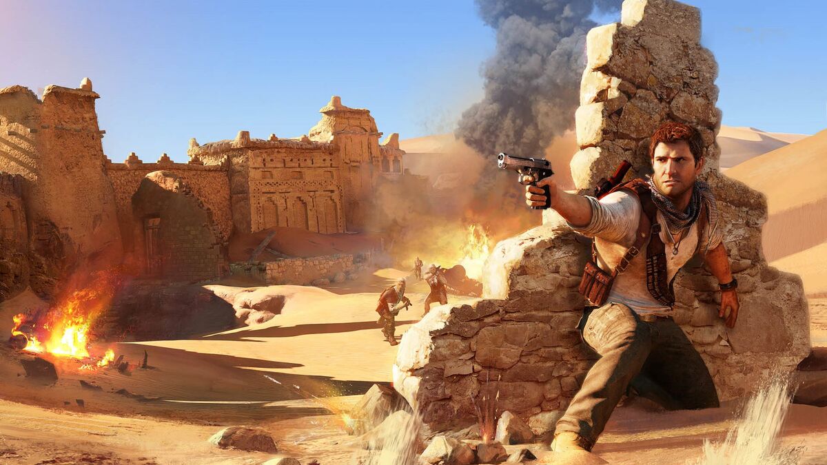 Nathan aims his pistol while hiding behind boulders.