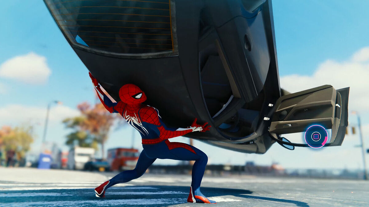 Spider-Man picking up car quick-time event