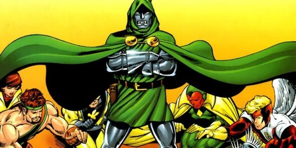 Doctor Doom stands triumphantly over other characters