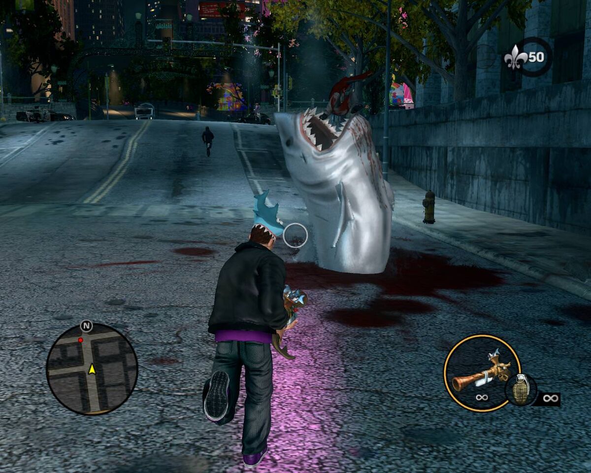 shark-o-matic shark eating victim in the street from game Saints Row