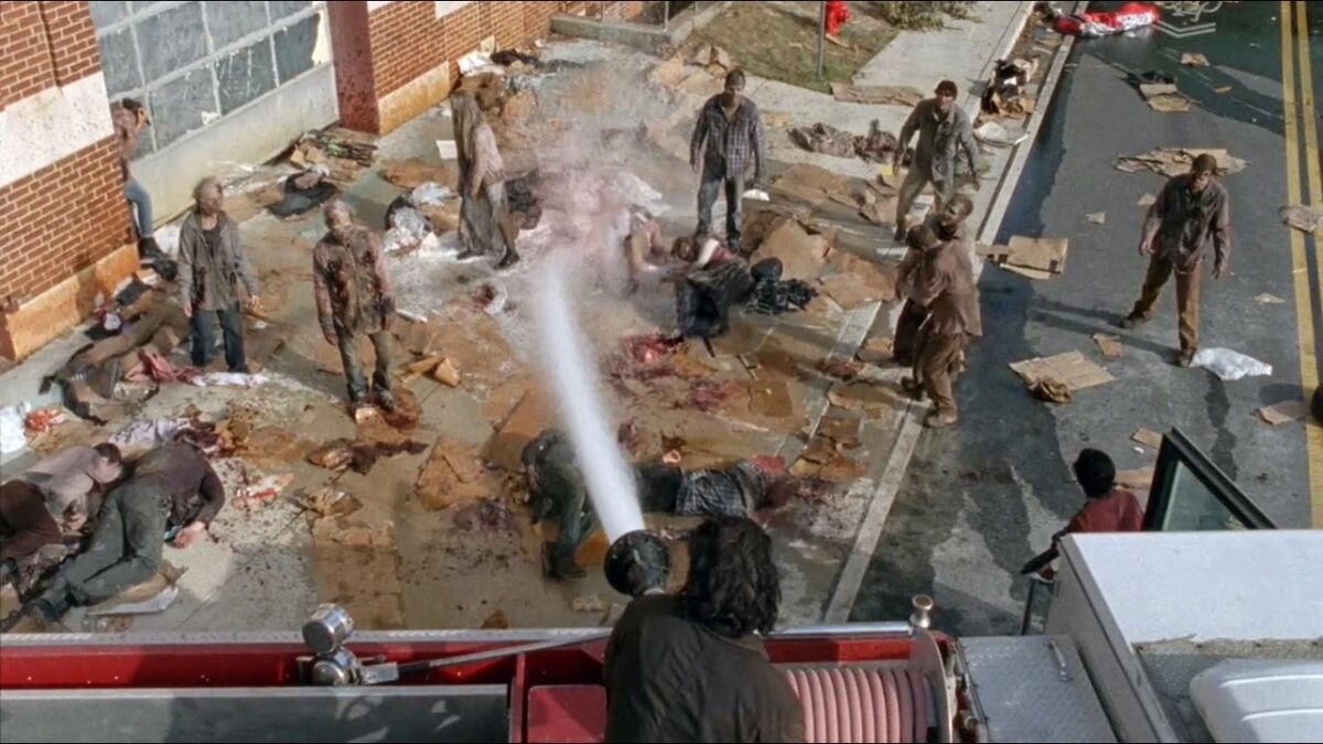 Hosing down a zombie horde.