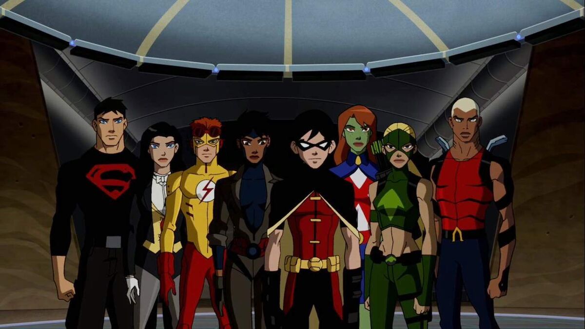 Young Justice, &quot;Usual Suspects&quot;: Superboy, Zatanna, Kid Flash, Rocket, Robin, Miss Martian, Artemis, and Aqualad