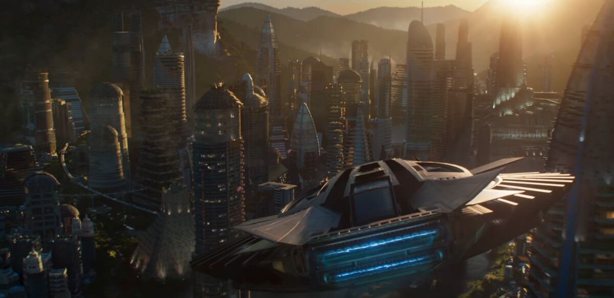 Black Panther flying over Wakanda