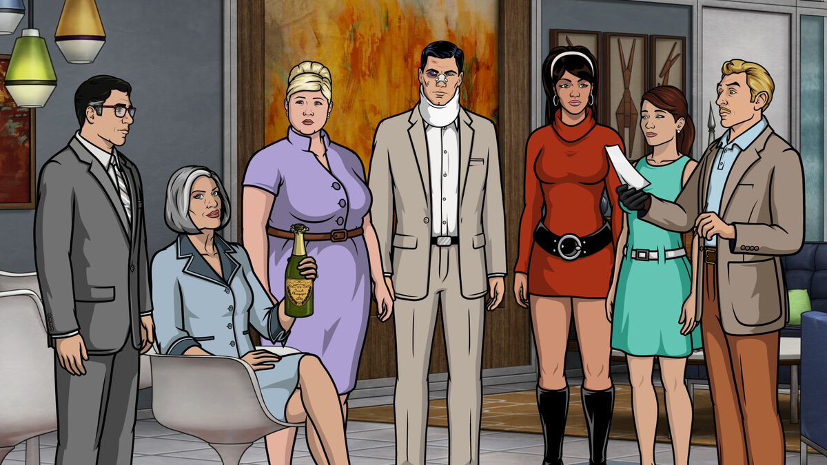 ARCHER -- &quot;The Figgis Agency&quot; -- Episode 701 (Airs Thursday, March 31, 10:00pm e/p) Pictured: (l-r) Cyril Figgis (voice of Chris Parnell), Malory Archer (voice of Jessica Walter), Pam Poovey (voice of Amber Nash), Agent Sterling Archer (voice of H. Jon Benjamin), Agent Lana Kane (voice of Aisha Tyler), Cheryl (voice of Judy Greer), Agent Ray Gillette (voice of Adam Reed). CR: FX