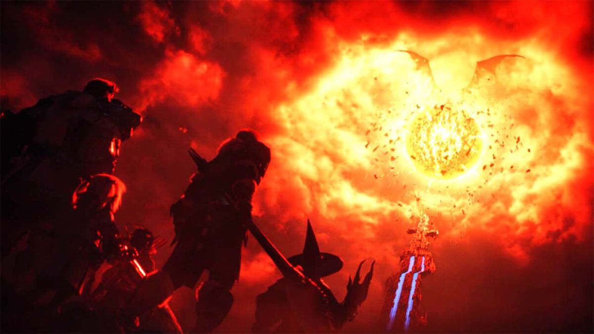 FFXIV Shadowbringers Dalamud is a large fiery dragon in the sky