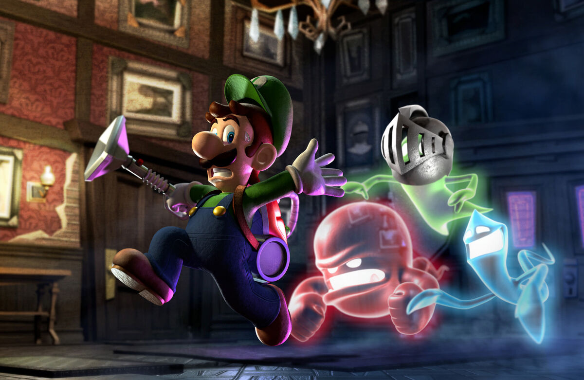 luigis mansion Halloween ghosts chasing luigi with Poltergust 5000 vacuum cleaner