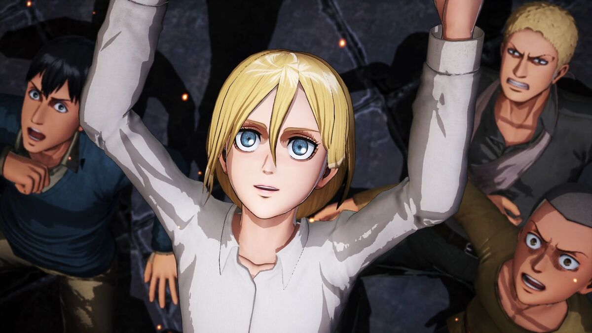 Attack on Titan's Christa Lenz, Connie Springer, Reiner Braun, and Bertholdt Hoover Cheering