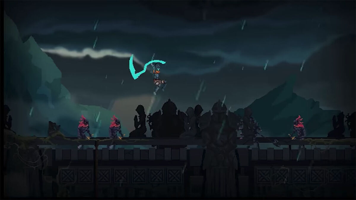 The Protagonist jumps in the air for a large scythe attack.