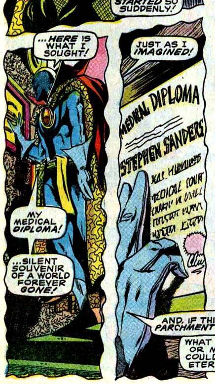 Strange looks at his altered medical diploma that now reads Stephen Sanders instead of Strange