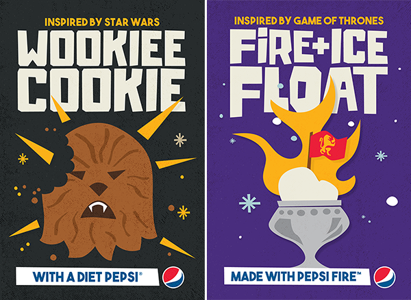 Wookiee Cookie (inspired by Star Wars) with a Diet Pepsi; Fire + Ice Float (inspired by Game of Thrones) made with Pepsi Fire