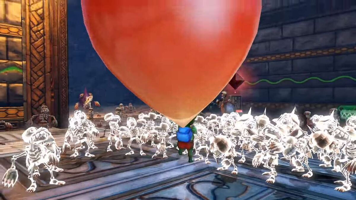 Tingle pumps up a giant balloon surrounded by enemies