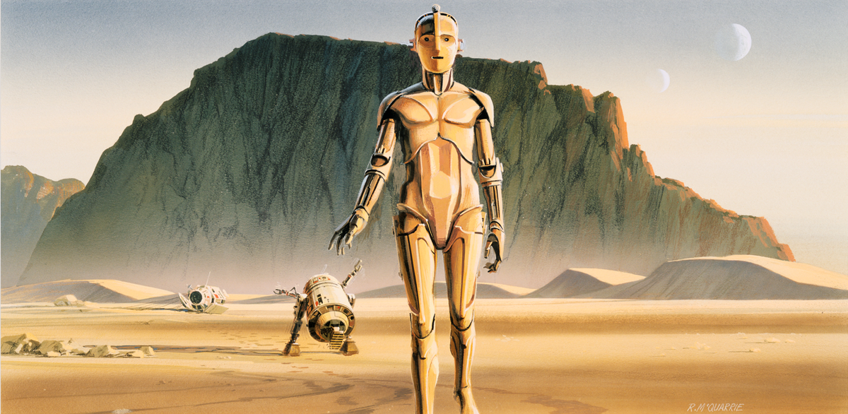 Concept art of R2 and 3PO on Tatooine