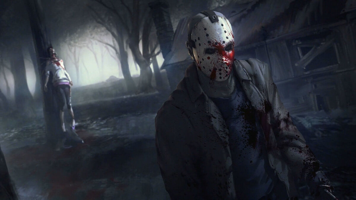 Friday the 13th game Jason Voorhees with bloody mask and murdered teen 