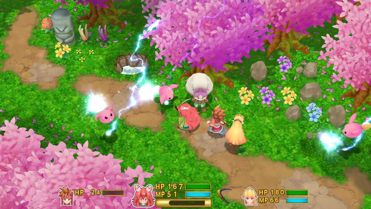 Secret of Mana's Randi, Primm and Popoi traveling through a forest filled with enemies.