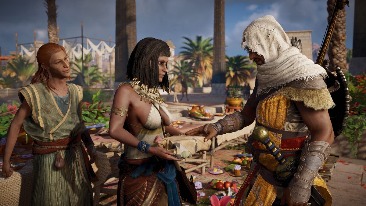 Bayek in the Market searching for information on why the Pharaohs have been resurrecting.