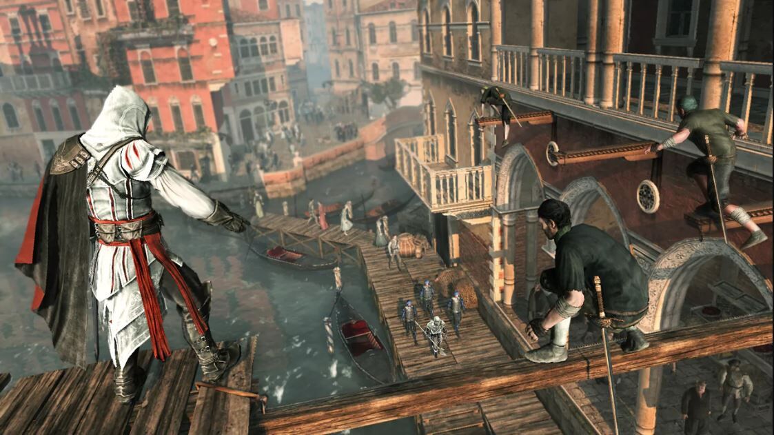 Ezio and a group of thieves over Venice in Assassin's Creed 2